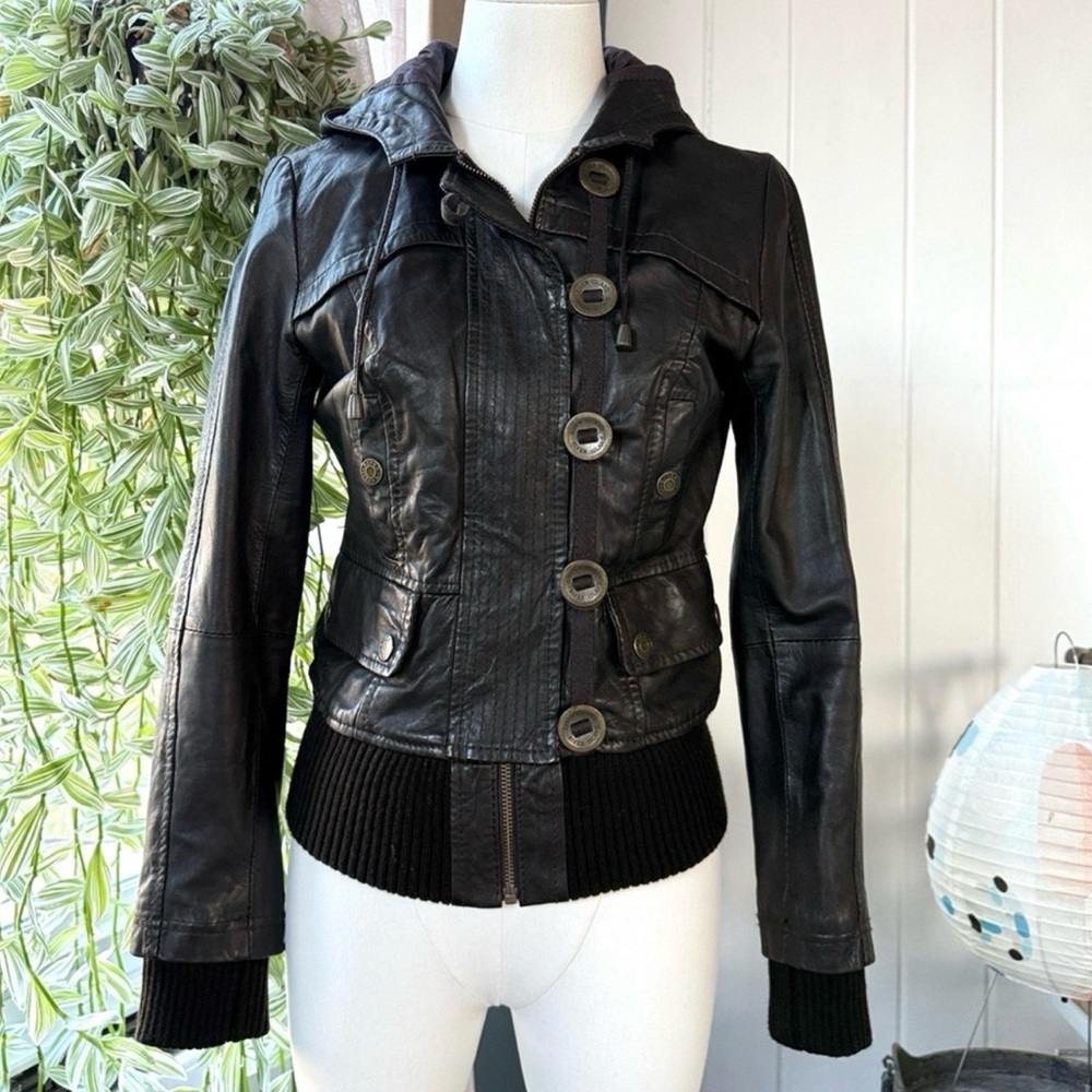 River Island 100% Leather brownish black button up hooded jacket